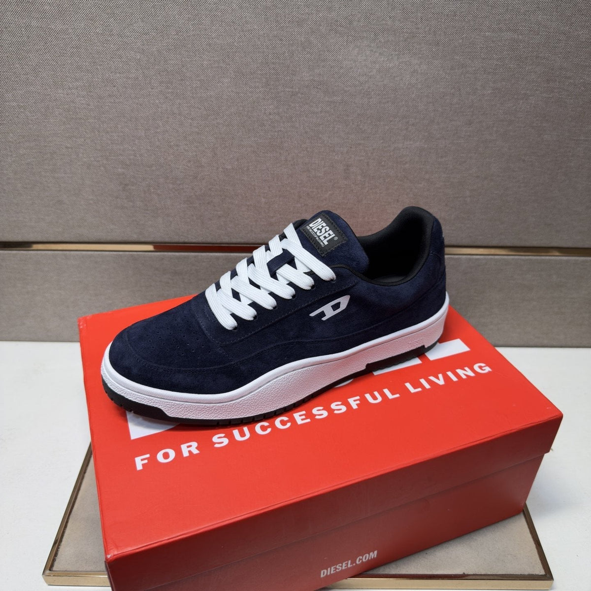 DIESEL Navy Blue and White Low-Top Sneakers — front