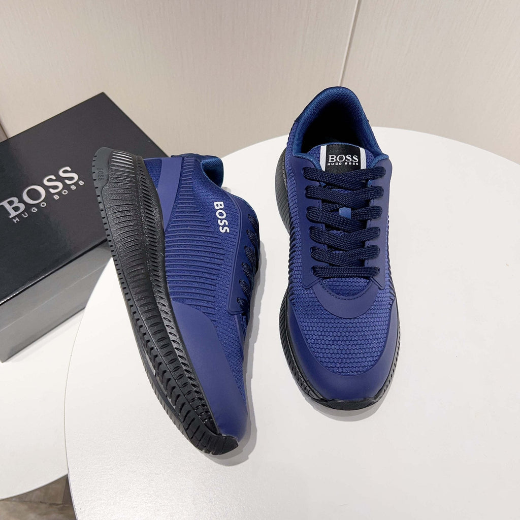BOSS Navy Blue Knit Running Shoes — hero