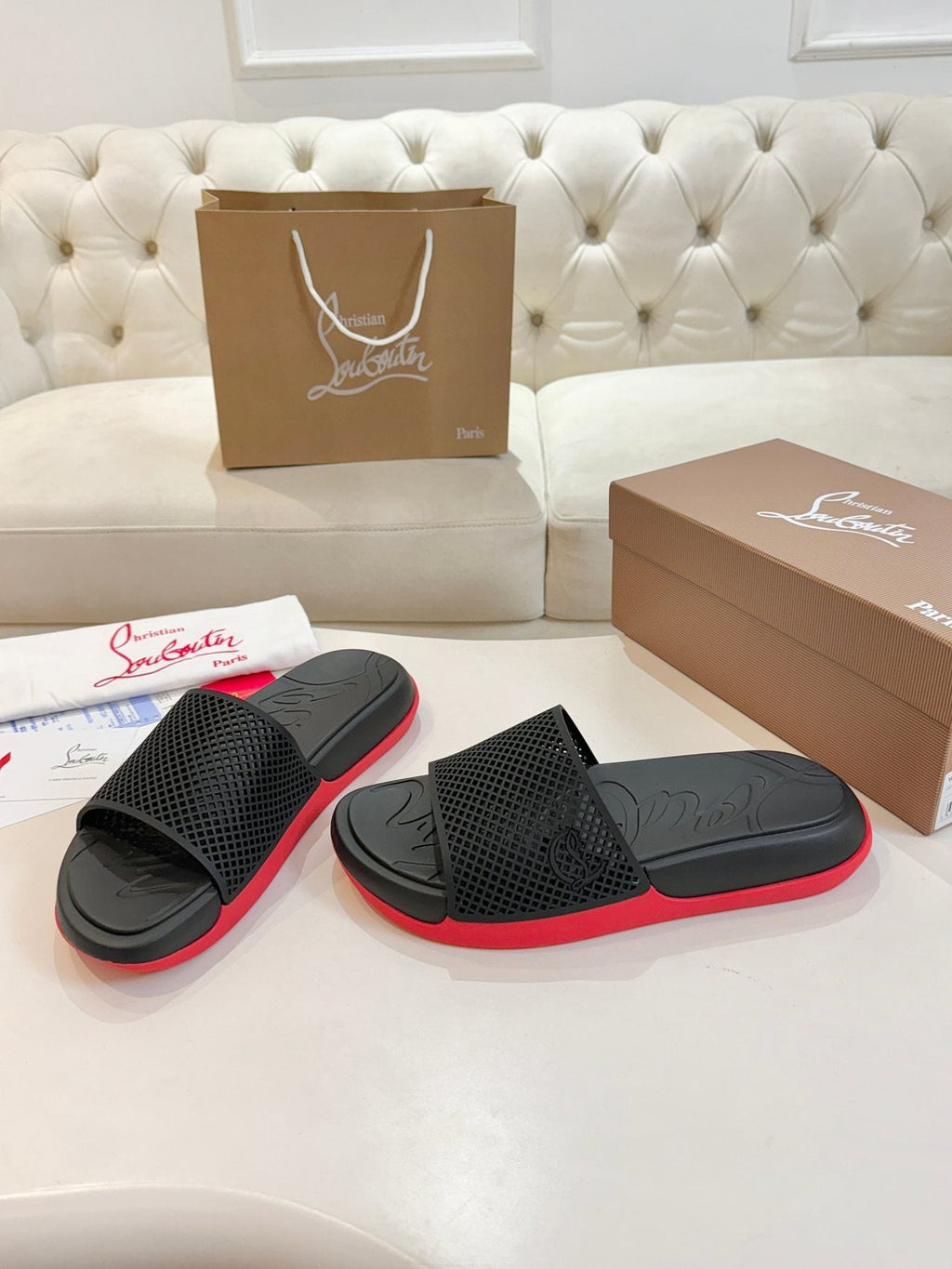 Christian Louboutin Black Red Sole Slide Sandals — front