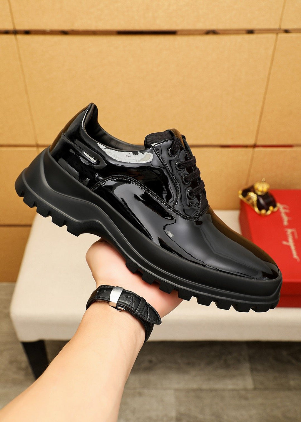 Ferragamo Black Patent Leather Lace-Up Shoes — model