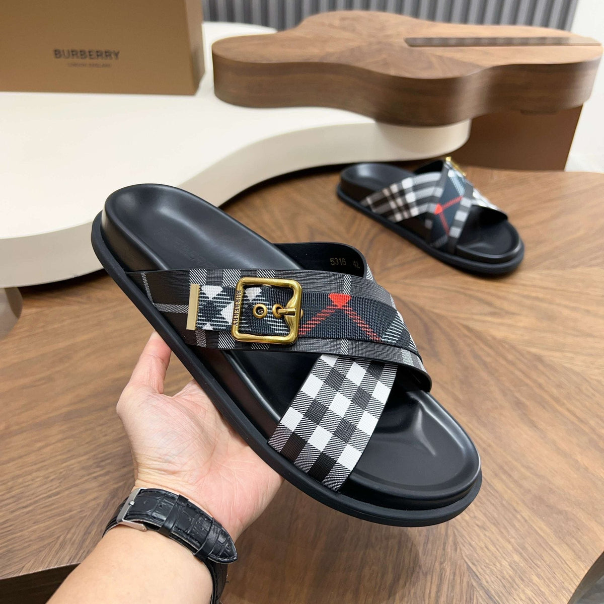 Burberry Checked Cross-Strap Slide Sandals — model